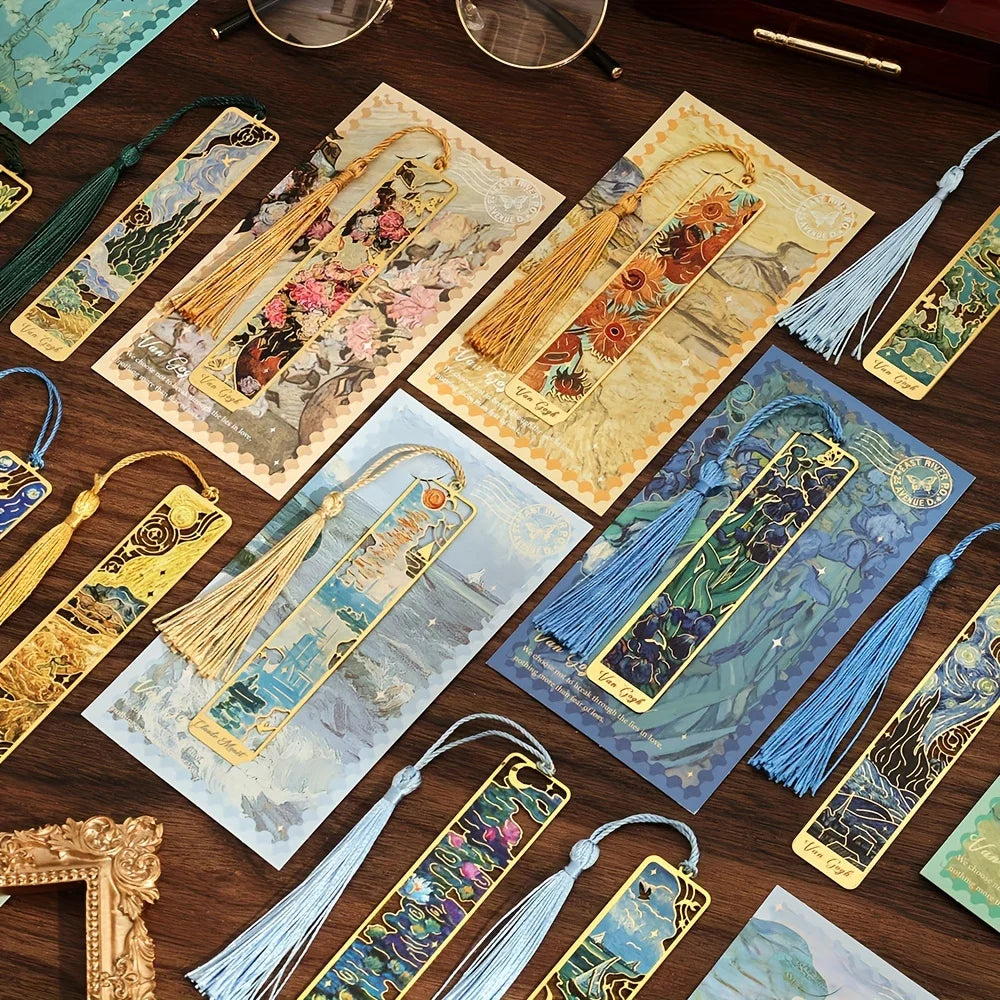 Vintage Oil Painting Metal Bookmarks with Hollow Design & Long Tassel – Perfect Stationery Gift for Book Lovers & Book Clubs