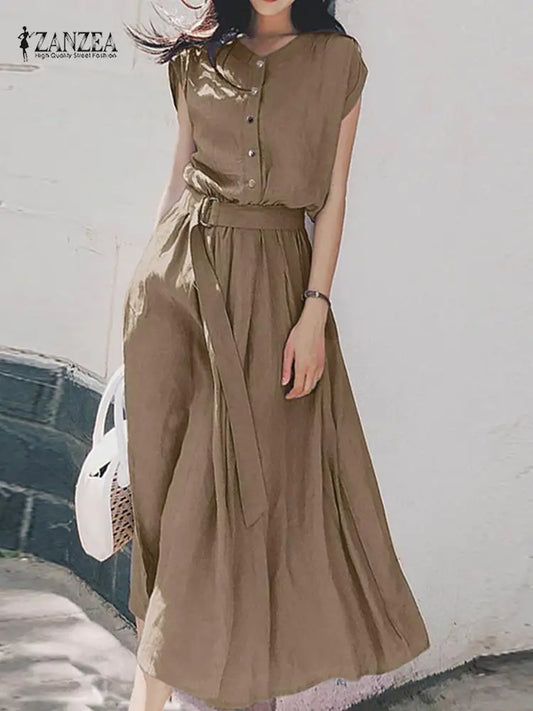Women's solid color belted button-down midi shirt dress with short sleeves and O-neck, perfect for summer and vacation.
