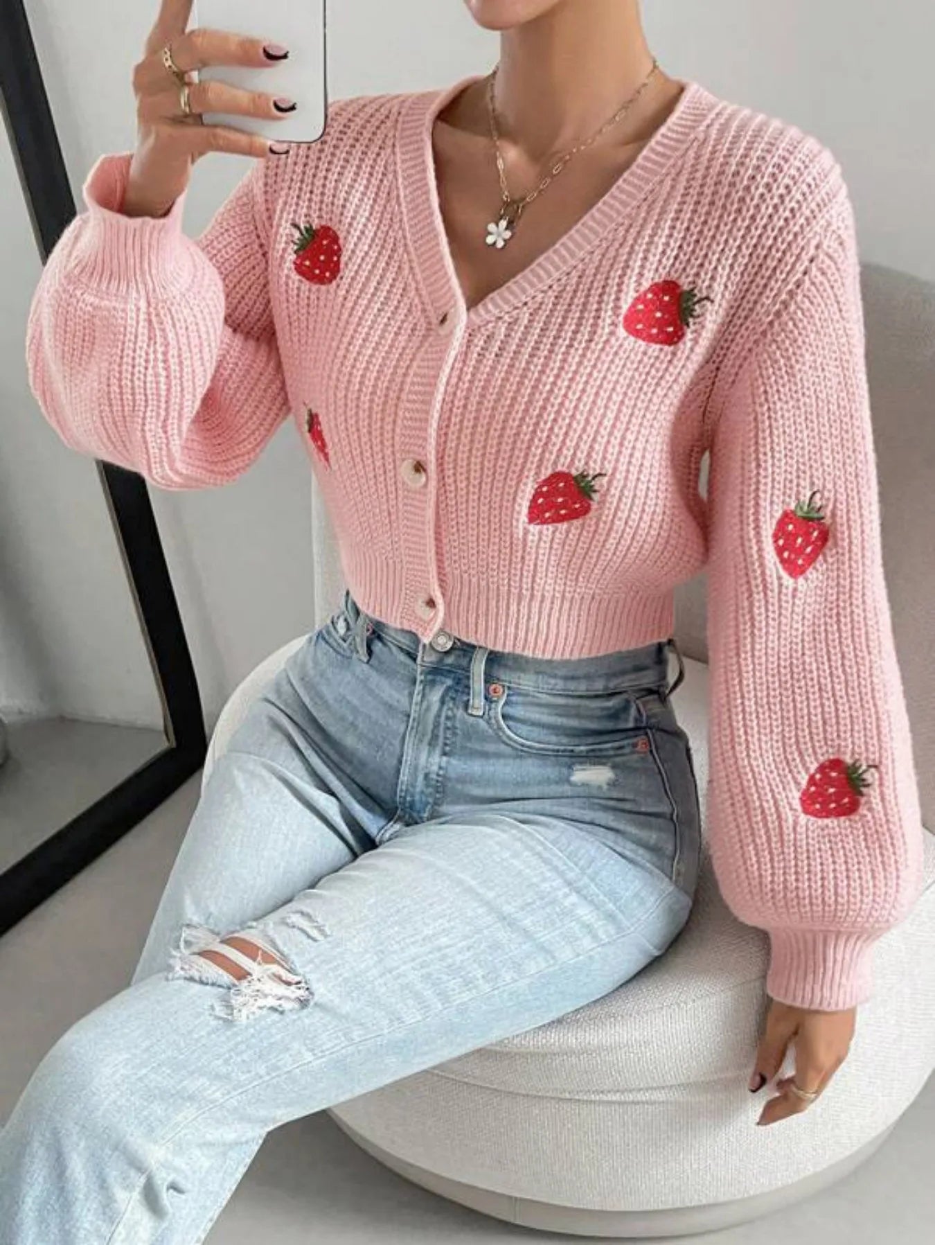 Women’s Pink Strawberry Embroidered Knit Cardigan – Slim Fit Long Sleeve Button Front Sweater for Casual Outfits and Layering