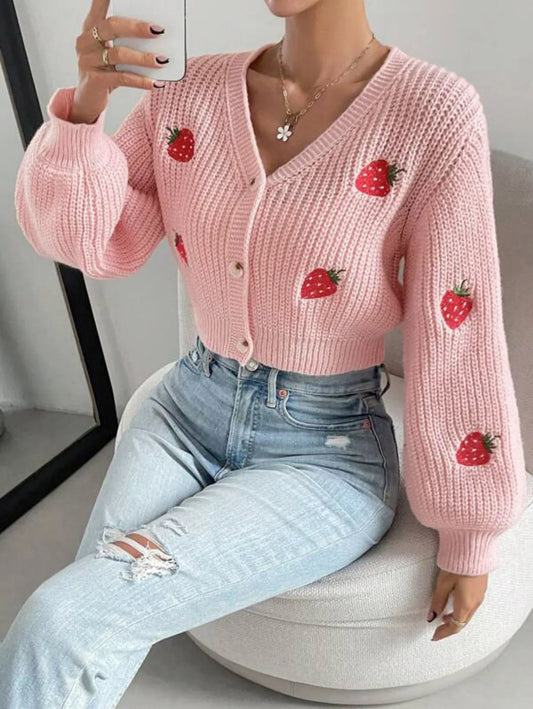 Women’s Pink Strawberry Embroidered Knit Cardigan – Slim Fit Long Sleeve Button Front Sweater for Casual Outfits and Layering
