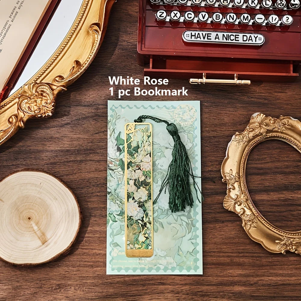 Vintage Oil Painting Metal Bookmarks with Hollow Design & Long Tassel – Perfect Stationery Gift for Book Lovers & Book Clubs