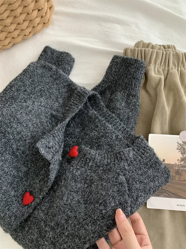Kawaii Wool Knitted Heart Cardigan for Women – Soft Cozy Button-Up Sweater
