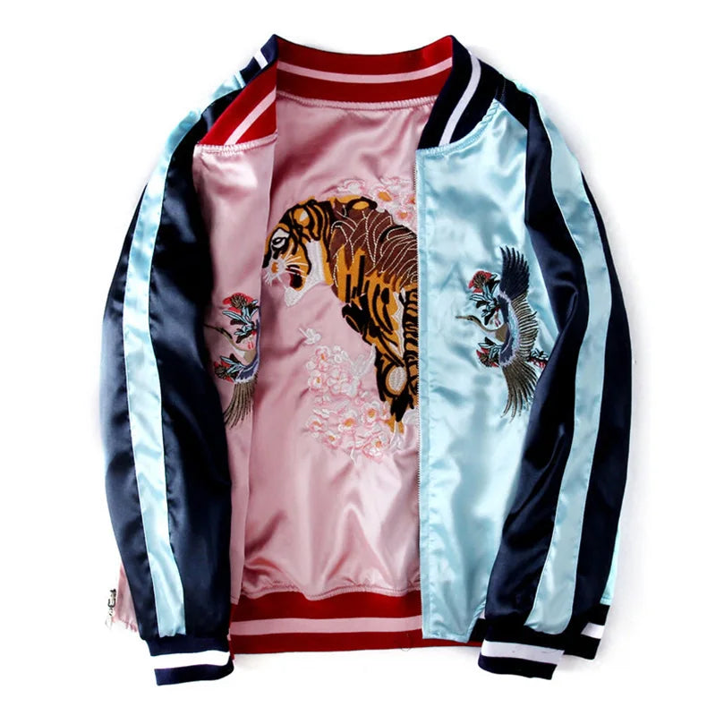Pink side of double-sided satin Sukajan bomber jacket