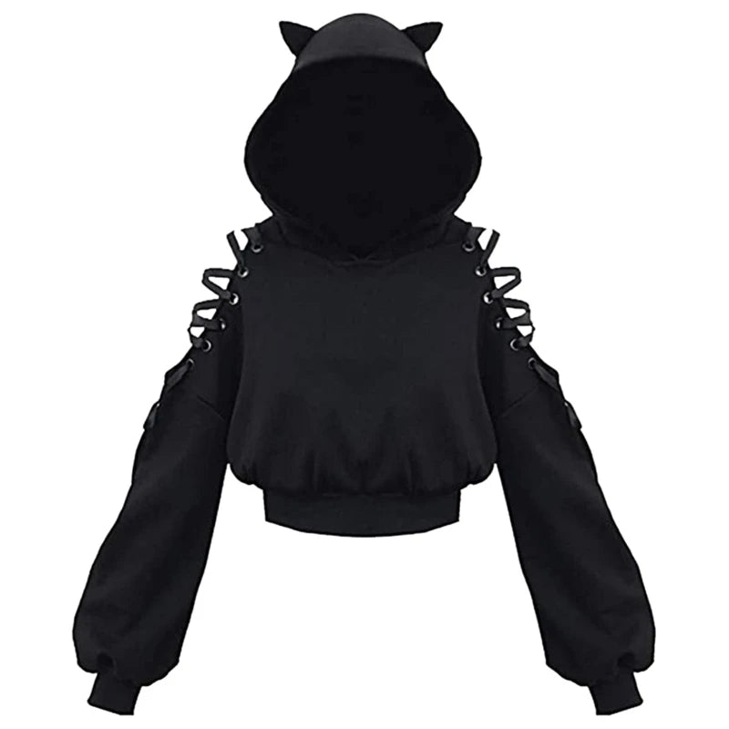 Front view of Y2K Gothic Cat-Ear Crop Hoodie for women