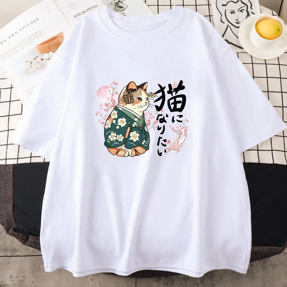 Ukiyo-e Kanji Cat T-Shirt in Sakura White – Japanese Style Girls Tee 100% Cotton