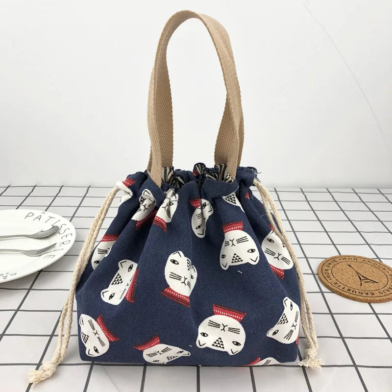 Japanese Cute Bento Bag Tote – Canvas Drawstring Lunch Bag with Multiple Designs | Reusable Eco-Friendly Lunch Tote for Kids & Adults