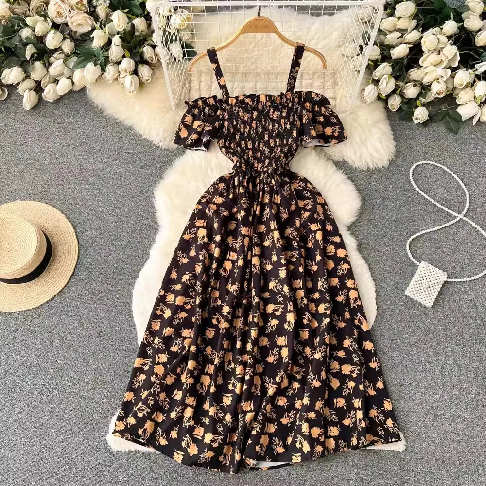 Floral Print Long Summer Dress for Women – Off-Shoulder Straps, Lightweight Maxi Dress, Beach, Garden Party, Summer Outfit