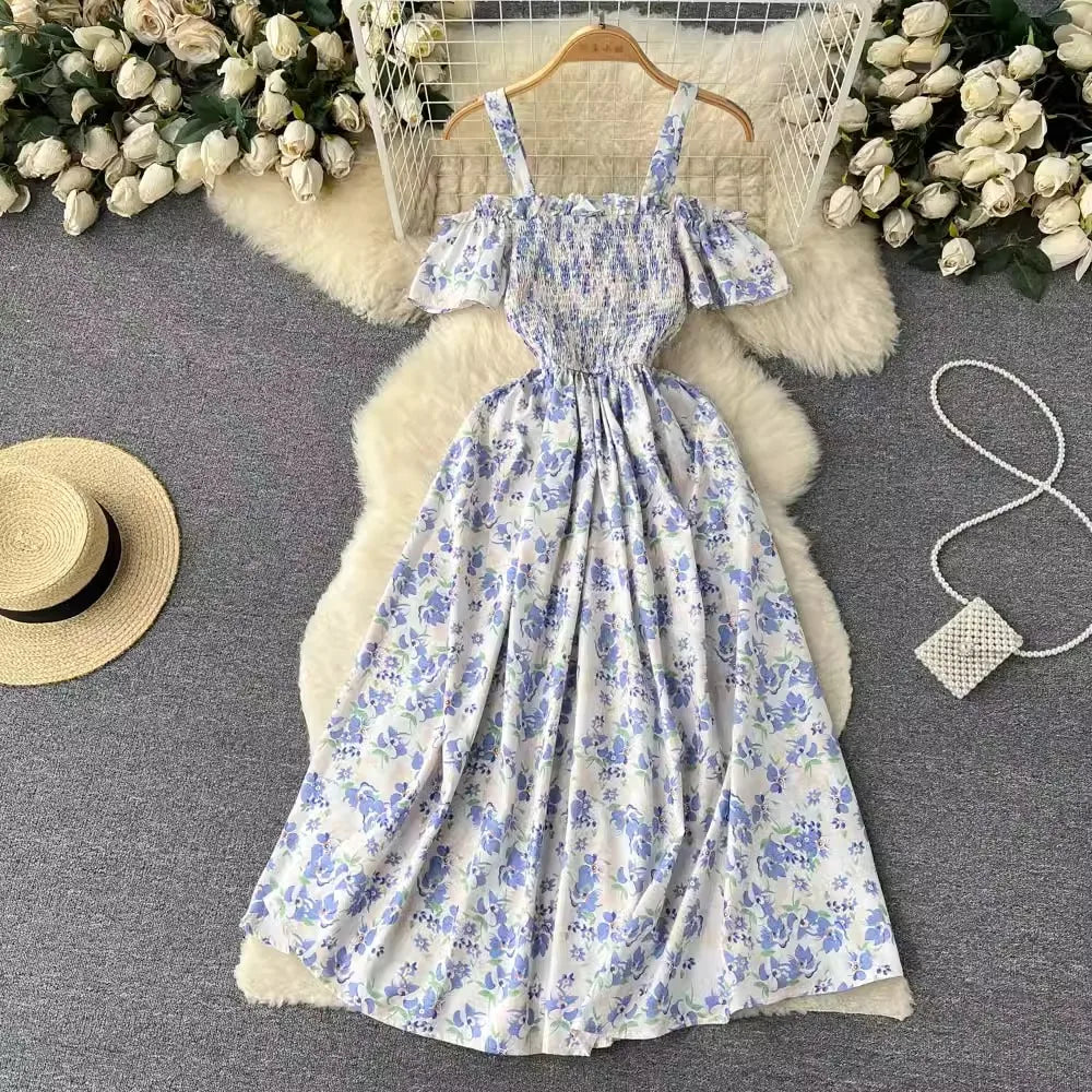 Floral Print Long Summer Dress for Women – Off-Shoulder Straps, Lightweight Maxi Dress, Beach, Garden Party, Summer Outfit