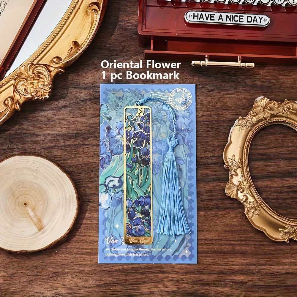 Vintage Oil Painting Metal Bookmarks with Hollow Design & Long Tassel – Perfect Stationery Gift for Book Lovers & Book Clubs