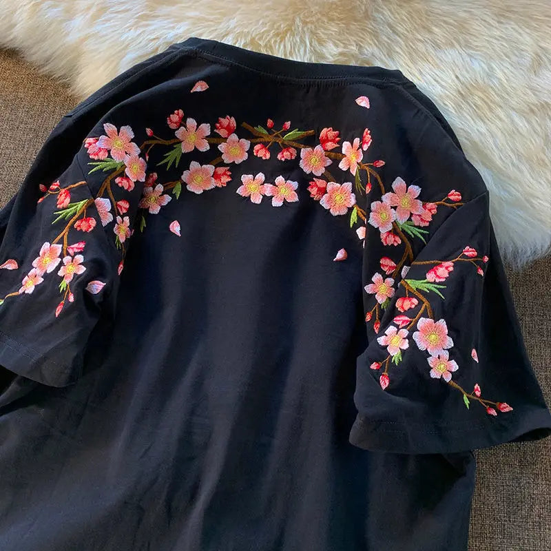 Aesthetic Japan Cherry Blossom Embroidery T-Shirt Women Girls | Sakura Cotton Loose Casual Summer Tee Top