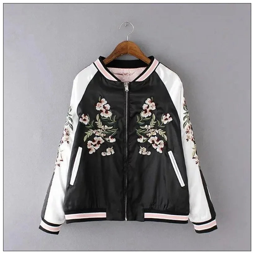 Women's Satin Sukajan Bomber Jacket – Double-Sided Embroidered Japanese Floral Harajuku Coat, Autumn Silk Baseball Jacket for Girls