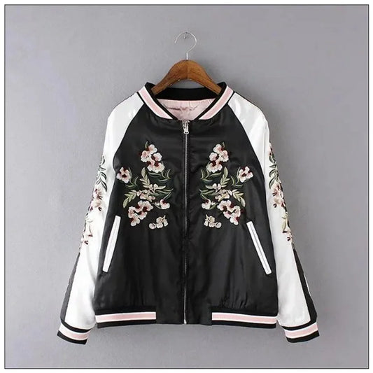 Women's Satin Sukajan Bomber Jacket – Double-Sided Embroidered Japanese Floral Harajuku Coat, Autumn Silk Baseball Jacket for Girls