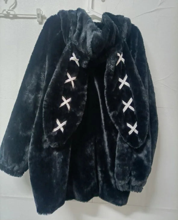 Black Harajuku rabbit-ear jacket for women, oversized Y2K furry coat