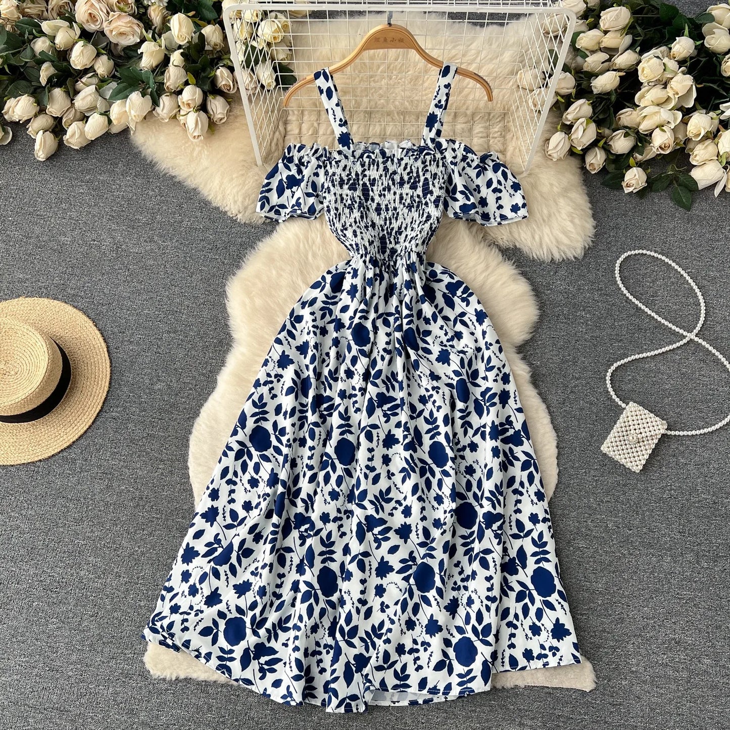 Floral Print Long Summer Dress for Women – Off-Shoulder Straps, Lightweight Maxi Dress, Beach, Garden Party, Summer Outfit
