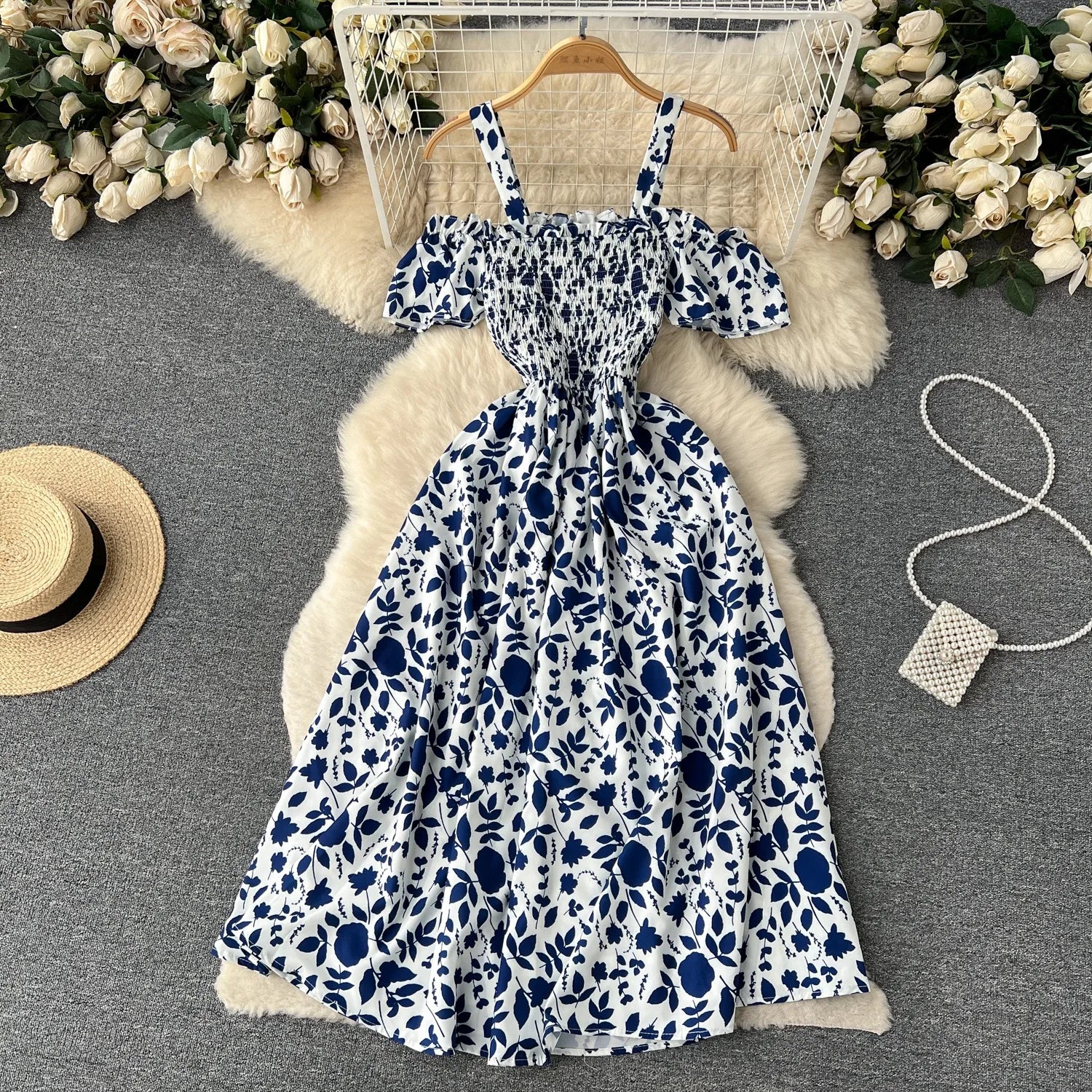 Floral Print Long Summer Dress for Women – Off-Shoulder Straps, Lightweight Maxi Dress, Beach, Garden Party, Summer Outfit