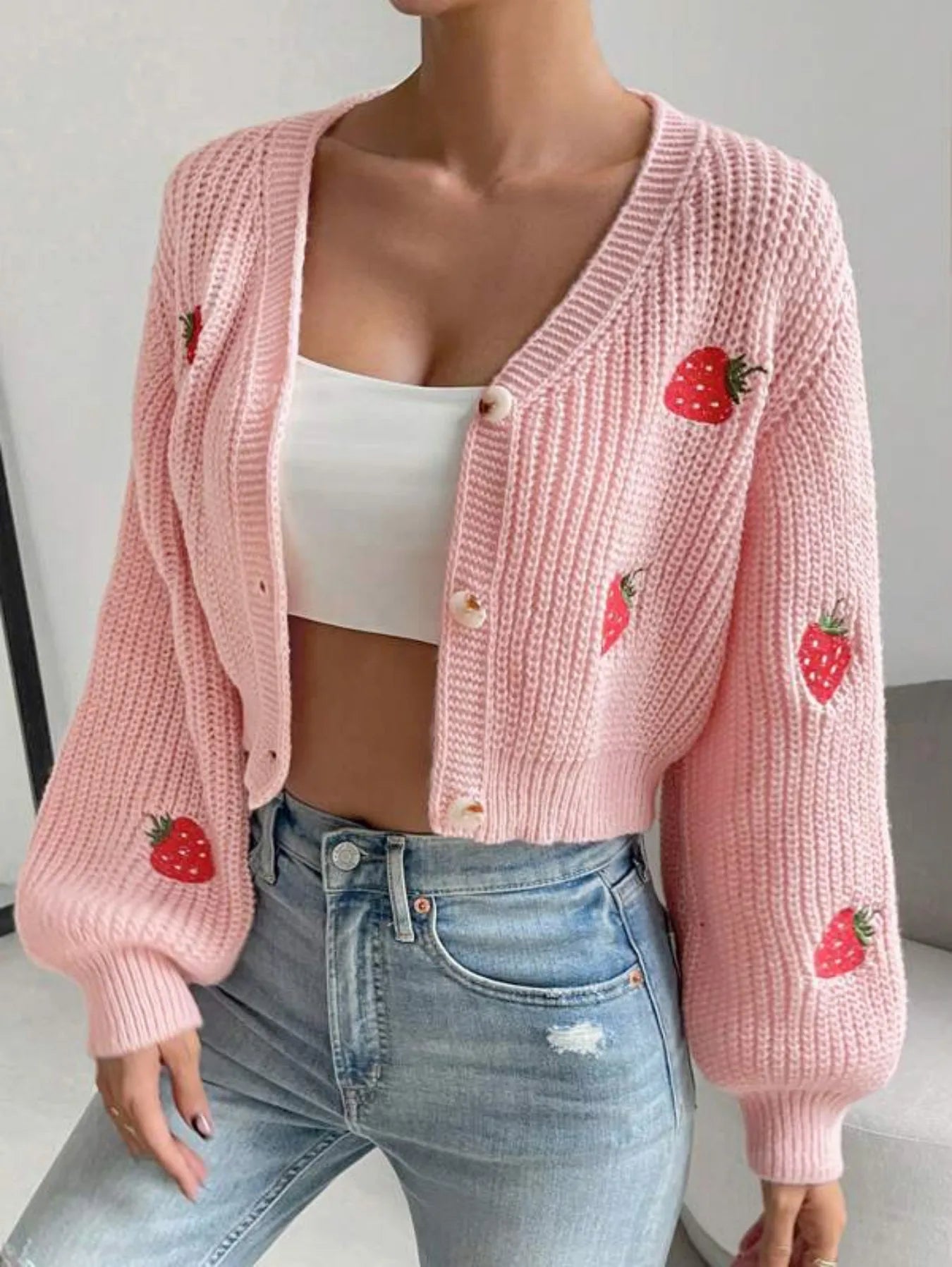 Women’s Pink Strawberry Embroidered Knit Cardigan – Slim Fit Long Sleeve Button Front Sweater for Casual Outfits and Layering