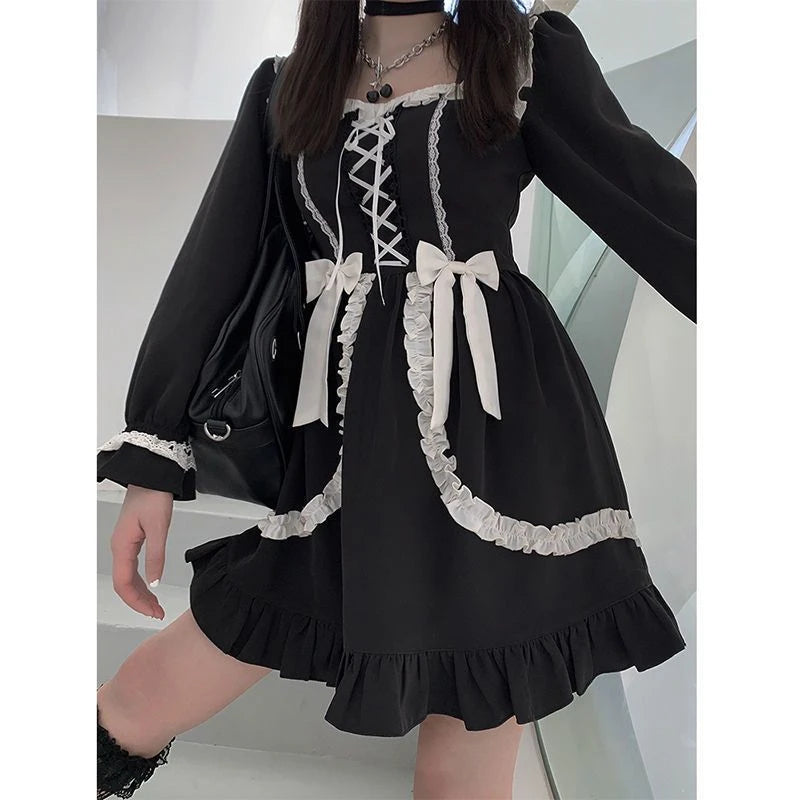 Harajuku Kawaii Black Plaid Dress for Women – Sweet Bow, Slim Fit, Long Sleeve Lolita Dress