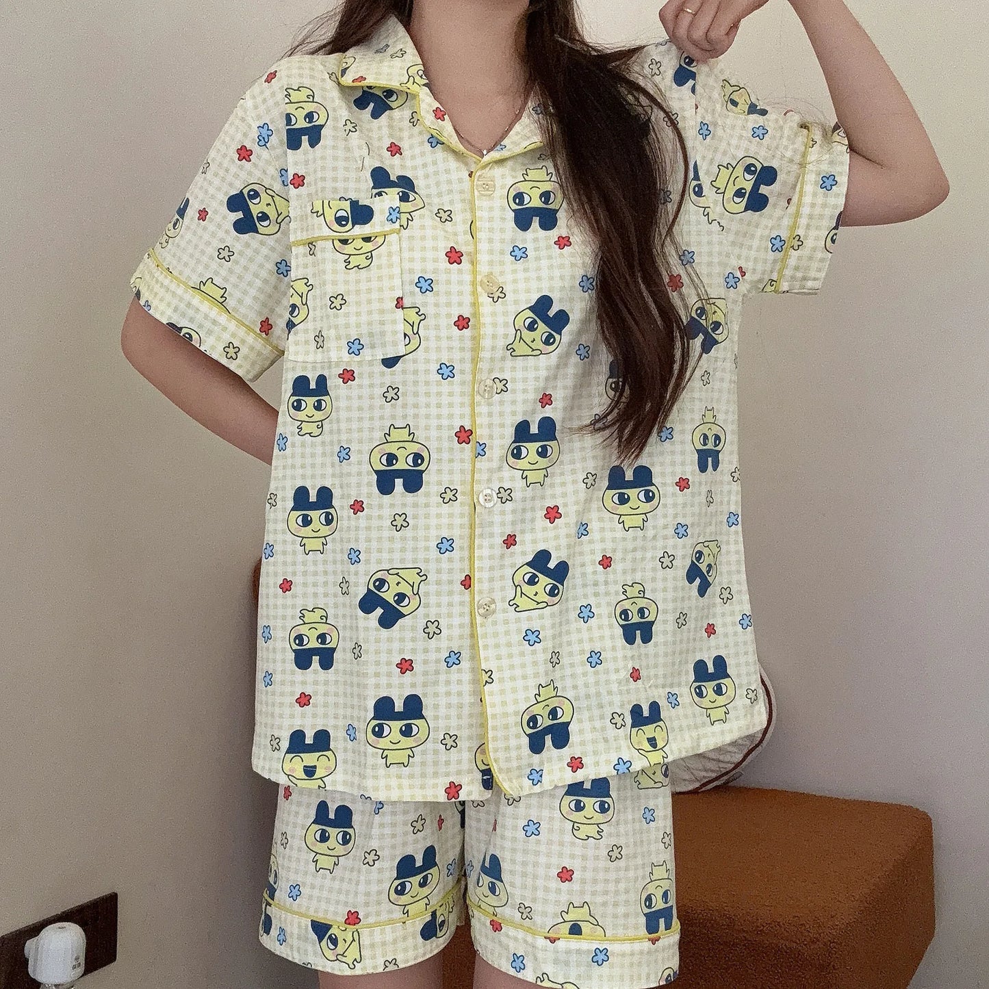 Women's Kawaii Tamagotchi Pajama Set with short sleeve top and shorts