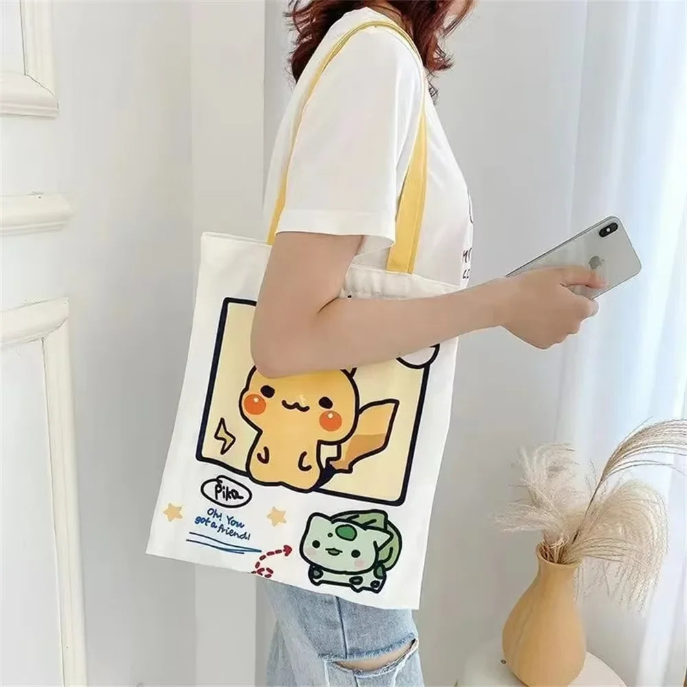 Anime Pokémon Canvas Tote Bag – Pikachu, Psyduck & Squirtle | Cute Casual Shoulder Handbag for Women, Reusable Shopping Bag