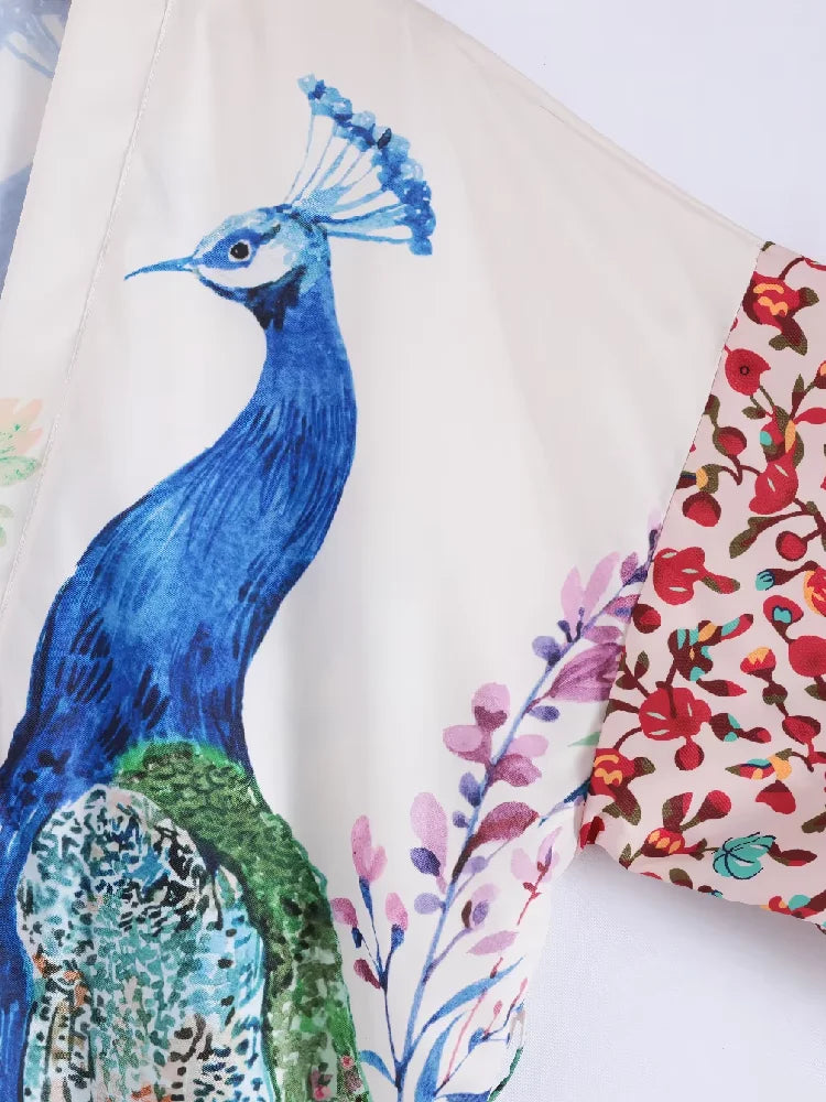Peacock Print Kimono Cover-Up – Women’s Long Beach Cardigan for Swimsuits