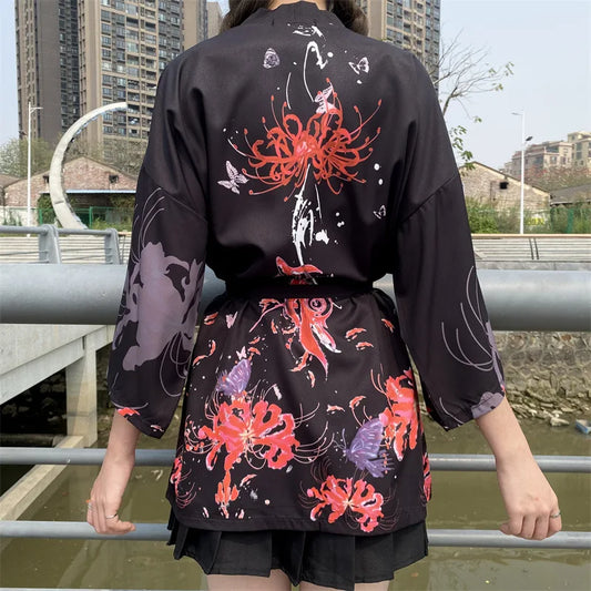 Japanese Flower Print Haori – Elegant Traditional Kimono Cardigan