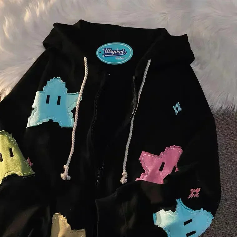 Kawaii Star Patch Oversized Zip-Up Hoodie – Pink Harajuku Y2K Streetwear