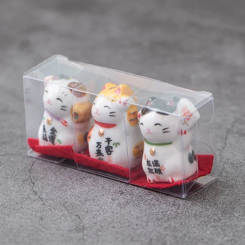 3pcs mini Japanese Maneki Neko lucky cat ceramic figurines set for home decor