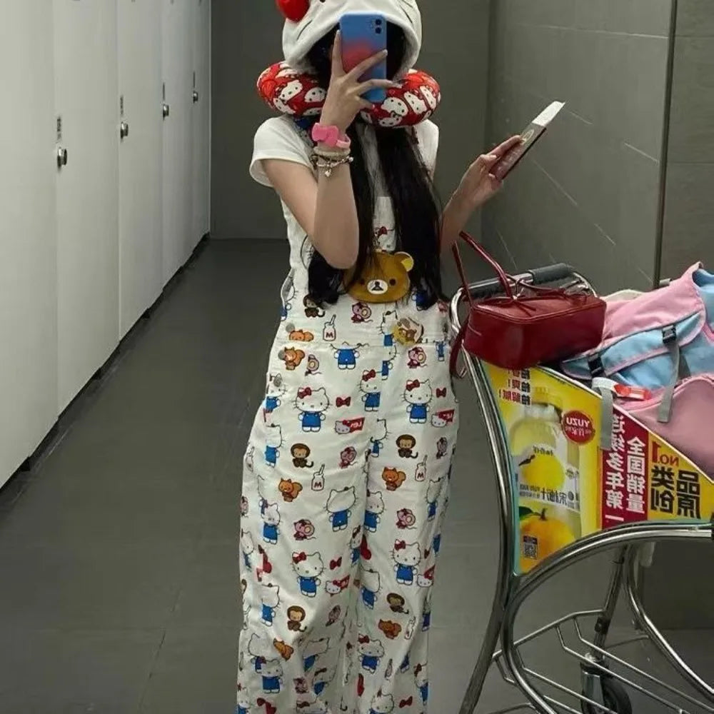 Hello Kitty Printed Overall Jumpsuit | Cute Cartoon Loose Fit Summer Wear