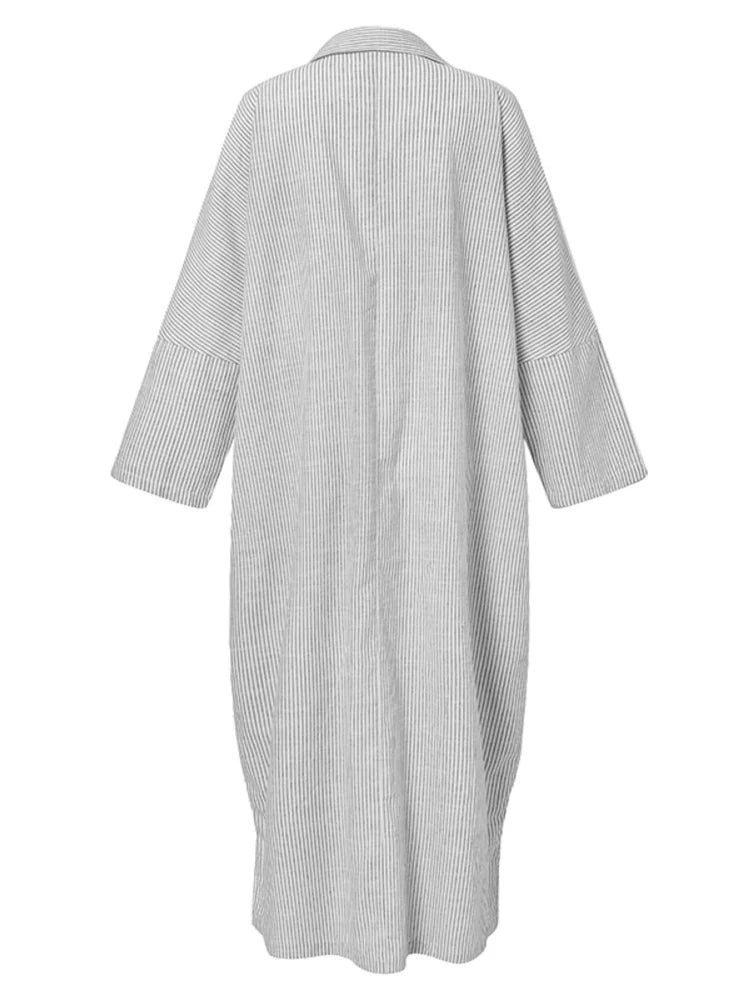 Boho Stripe Print Long Sleeve Sundress | Casual Loose Lapel Dress
