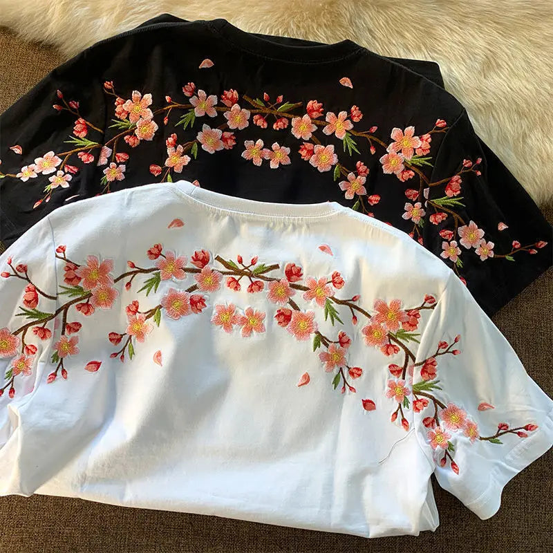 Cherry blossom flower embroidery detail on Japanese style casual cotton T-shirt