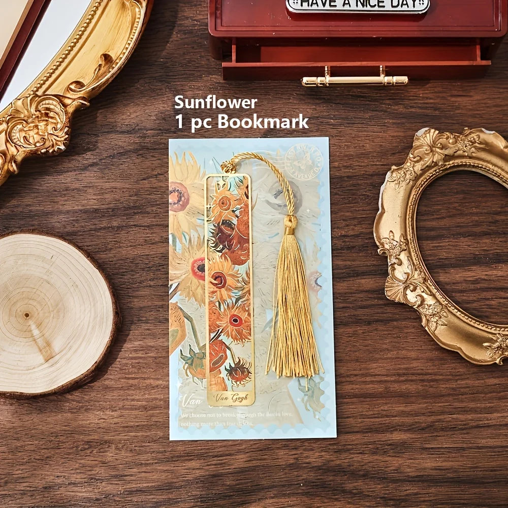 Vintage Oil Painting Metal Bookmarks with Hollow Design & Long Tassel – Perfect Stationery Gift for Book Lovers & Book Clubs
