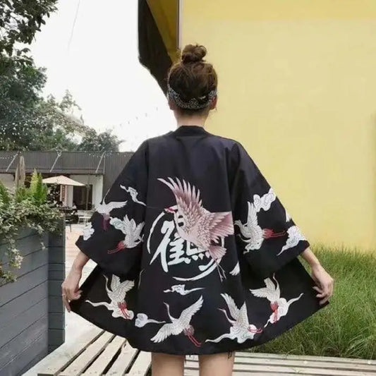 Japanese Crane Kimono Cardigan – Unisex Haori Style Jacket with Traditional Tsuru Design