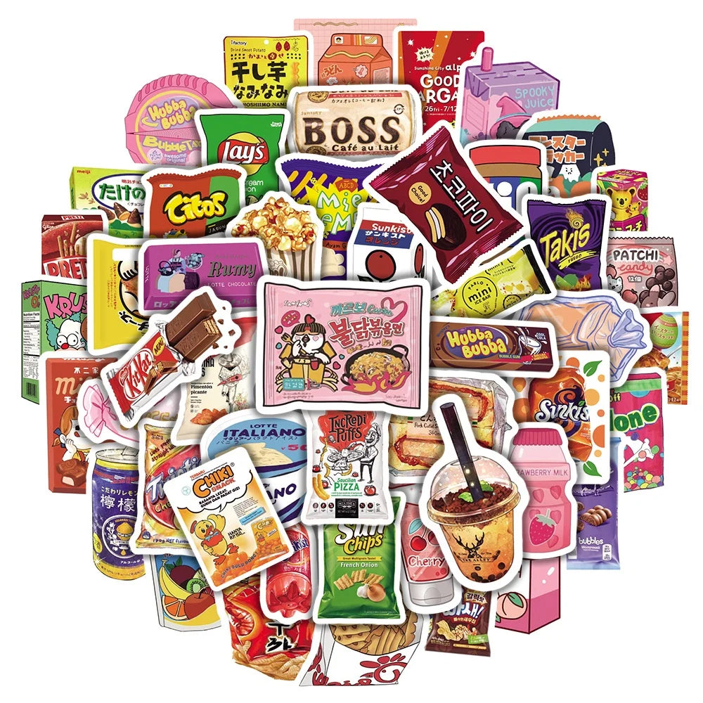 50-piece kawaii cartoon snack food waterproof sticker pack