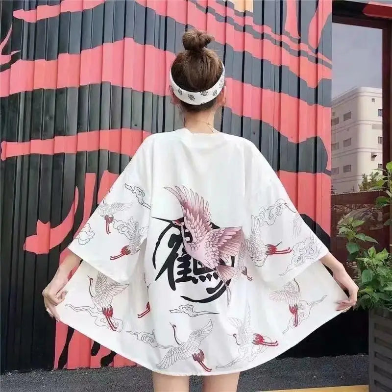 Japanese Crane Kimono Cardigan – Unisex Haori Style Jacket with Traditional Tsuru Design