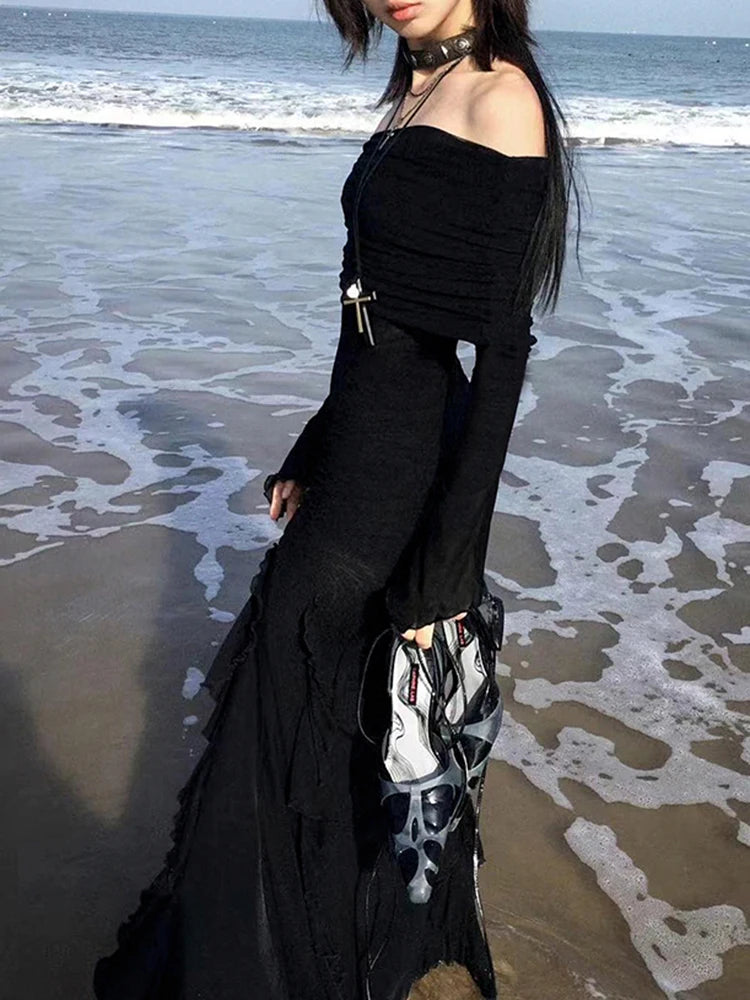 Midnight Siren Gothic Dress – Off-Shoulder Ruffle Slit Maxi