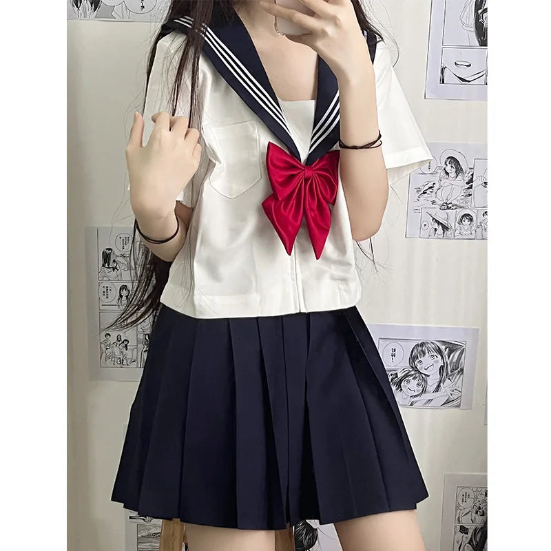 Japanese JK Sailor School Uniform – White & Red Tie Set