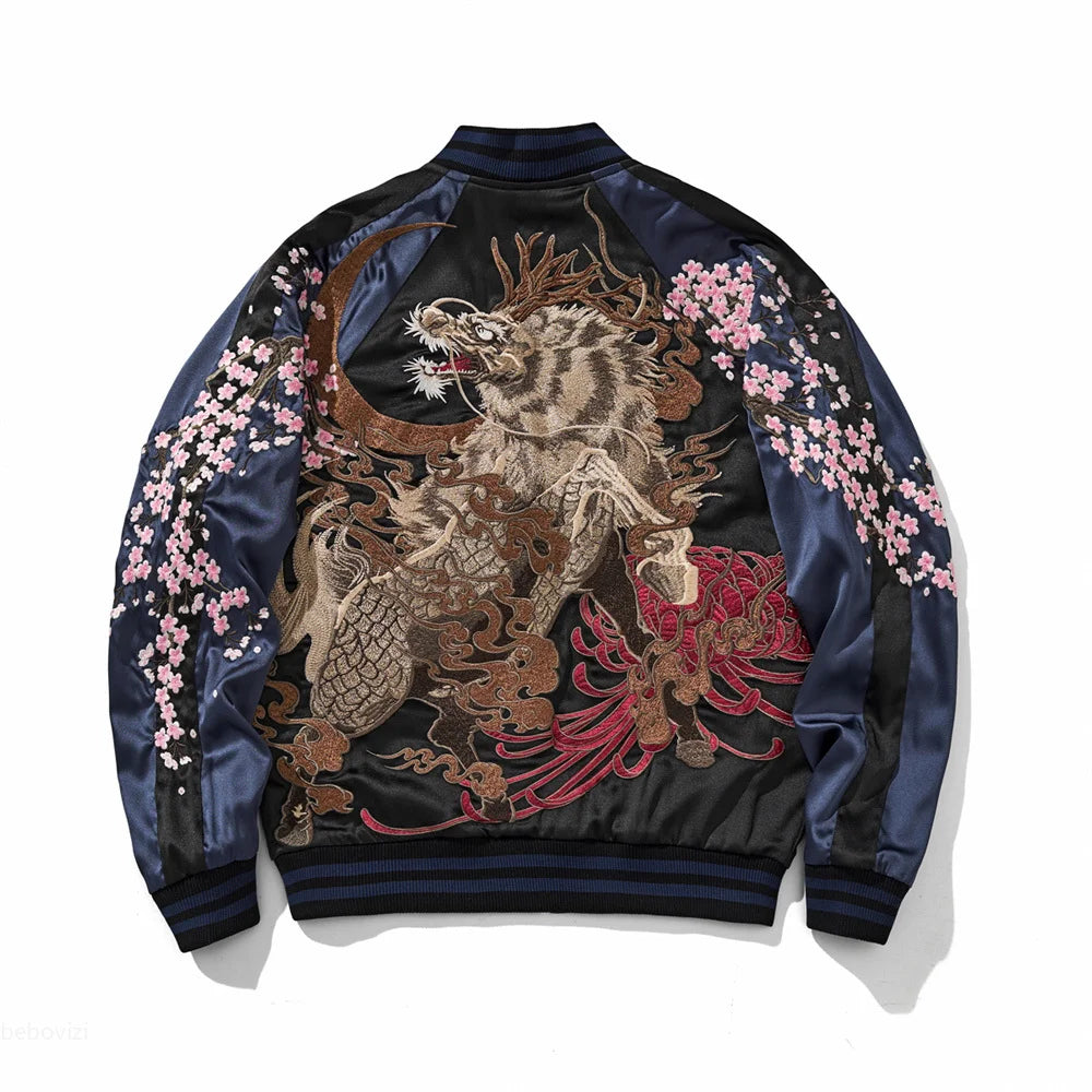 Japanese Dragon Embroidered Jacket | Unisex Streetwear Bomber | Retro Sukajan Style