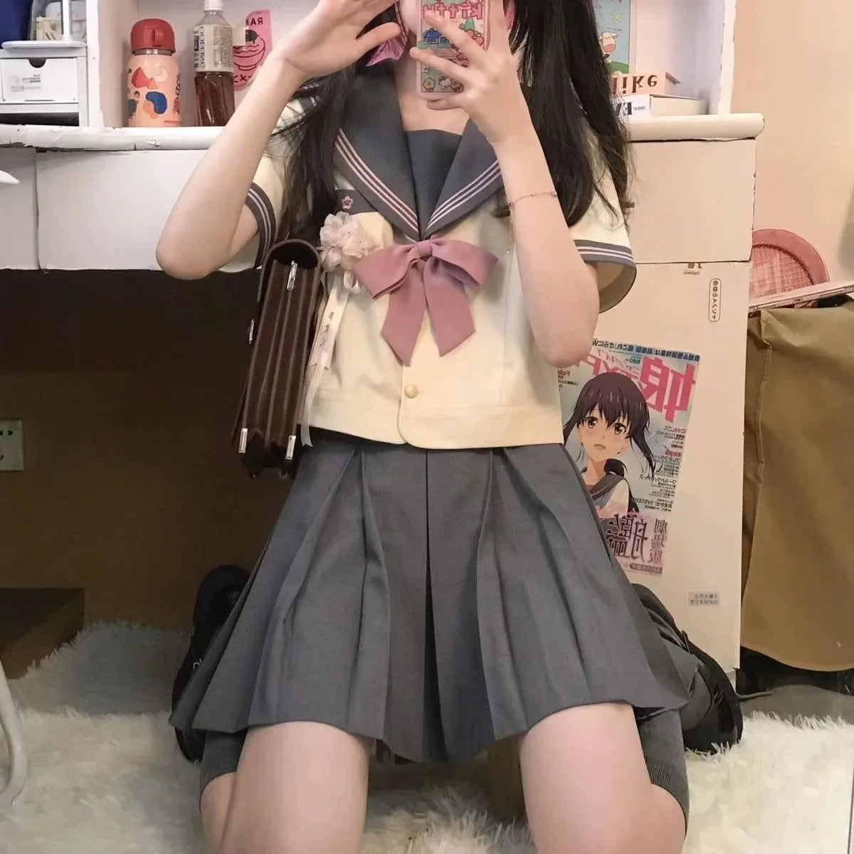 Japanese school uniform JK style set with bow top and pleated skirt for women in plus sizes