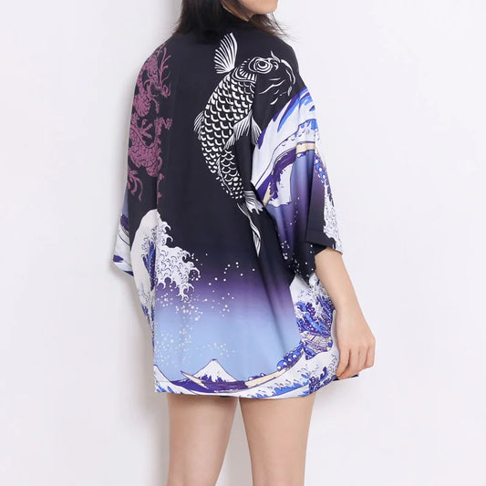 Model wearing Japanese samurai-style kimono cardigan