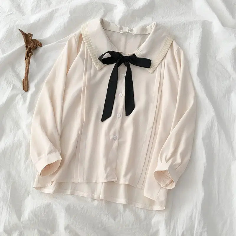Japanese collared bow blouse for women with ribbon tie center neck