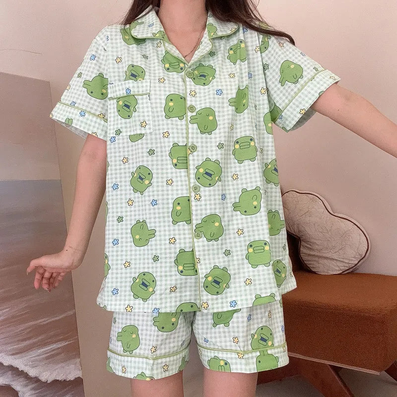 Women's Kawaii Tamagotchi Pajama Set with short sleeve top and shorts