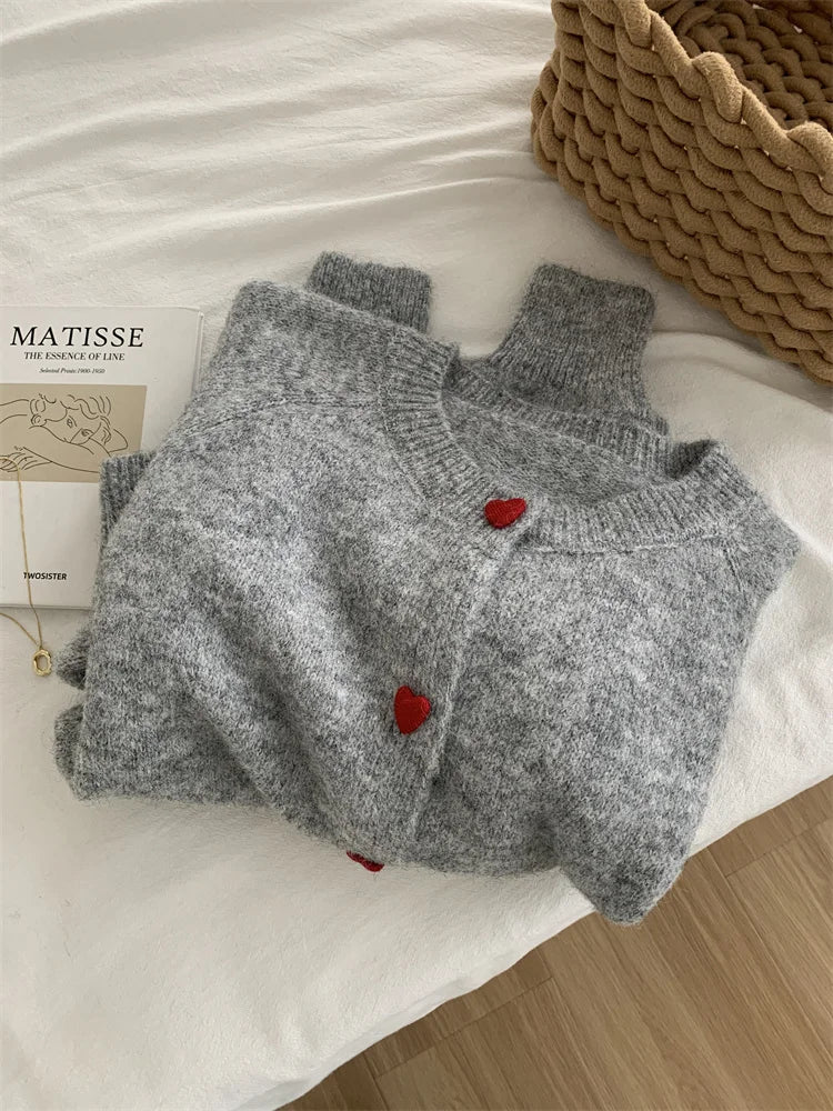 Kawaii Wool Knitted Heart Cardigan for Women – Soft Cozy Button-Up Sweater