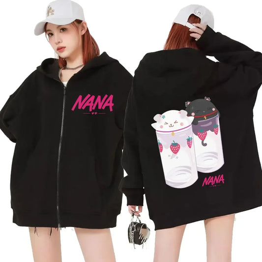 Front view of unisex anime streetwear zip hoodie punk aesthetic style