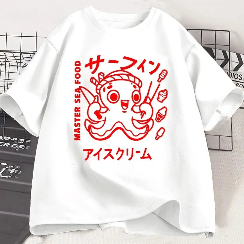 Japanese Octopus Graphic T-Shirt Front View – Y2K Kawaii Unisex Tee