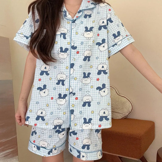 Women's Kawaii Tamagotchi Pajama Set with short sleeve top and shorts