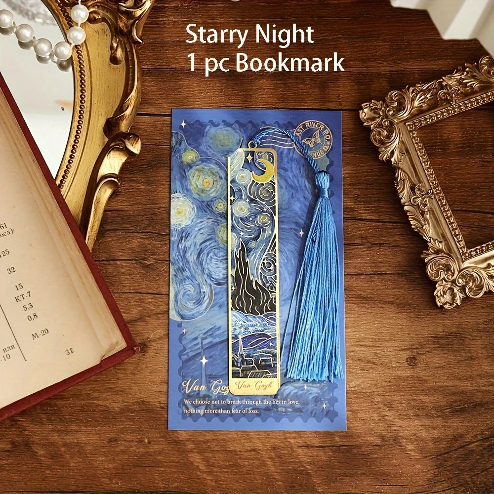 Vintage Oil Painting Metal Bookmarks with Hollow Design & Long Tassel – Perfect Stationery Gift for Book Lovers & Book Clubs