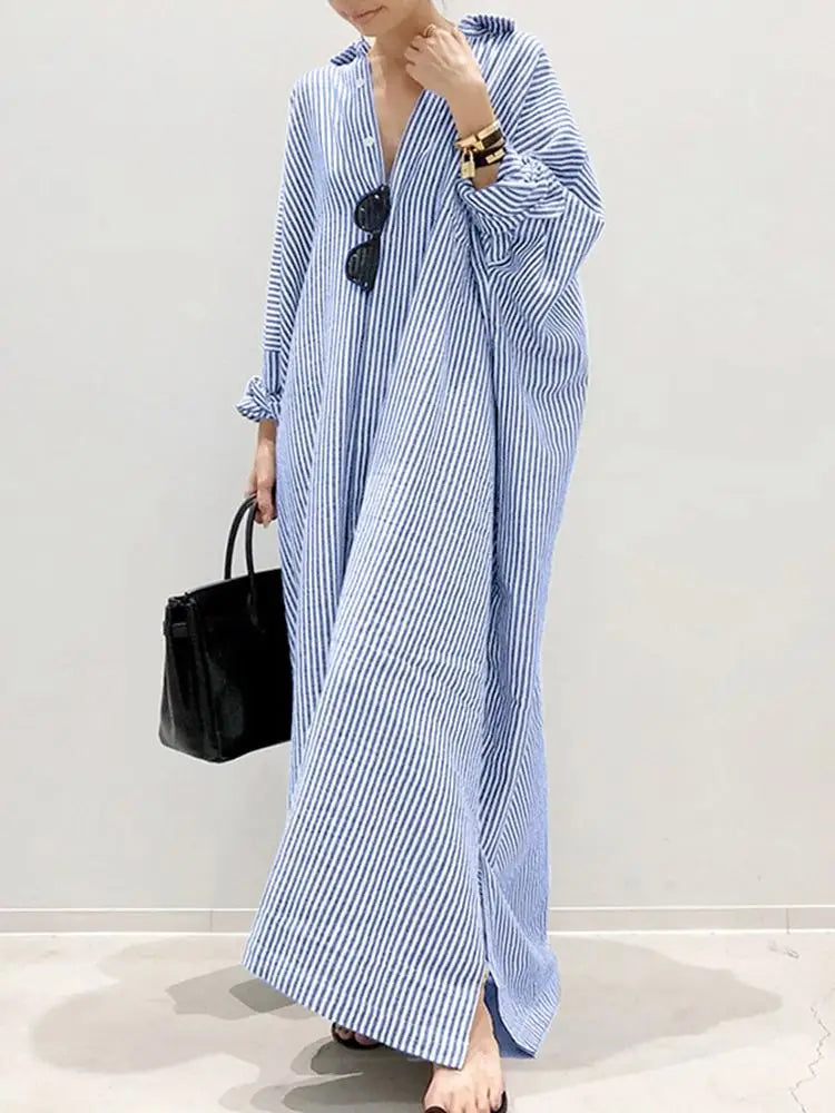 Boho stripe printed long sleeve sundress with lapel collar, cotton-poly blend, casual loose-fit design.