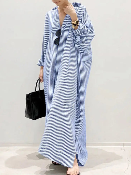 Boho stripe printed long sleeve sundress with lapel collar, cotton-poly blend, casual loose-fit design.
