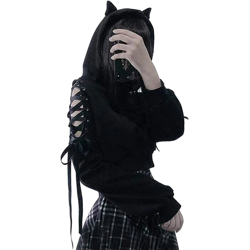 Y2K Gothic Cat-Ear Crop Hoodie – Women’s Kawaii K-pop J-pop Hooded Sweatshirt