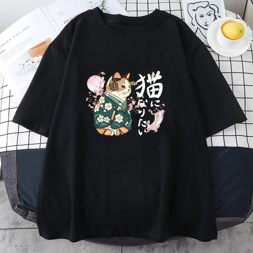 Ukiyo-e Kanji Cat T-Shirt – Sakura Pink | Japanese Style Cotton Tee for Girls (XS–XXL)